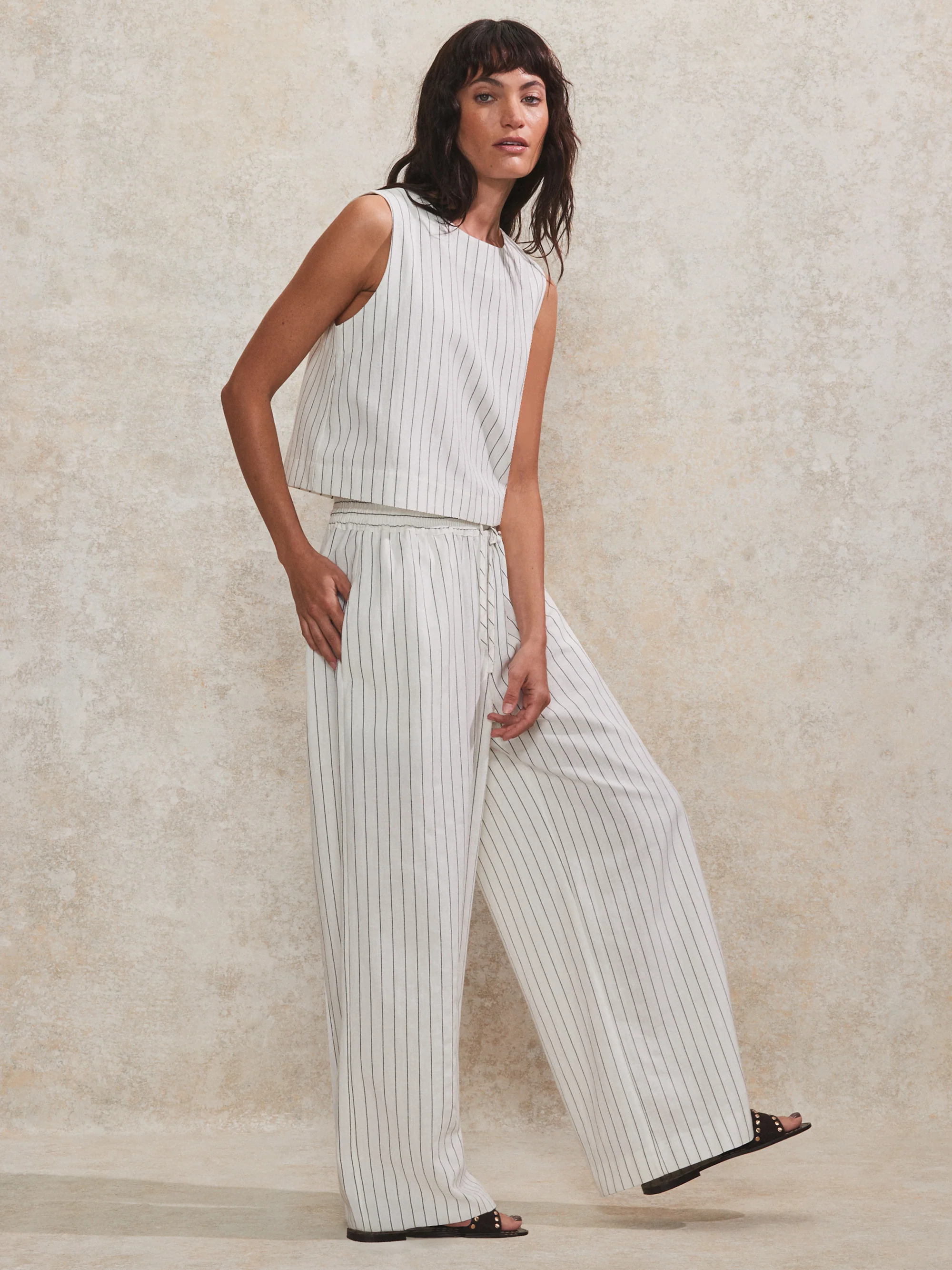 Ivory Pinstripe Linen-Blend Shell Top