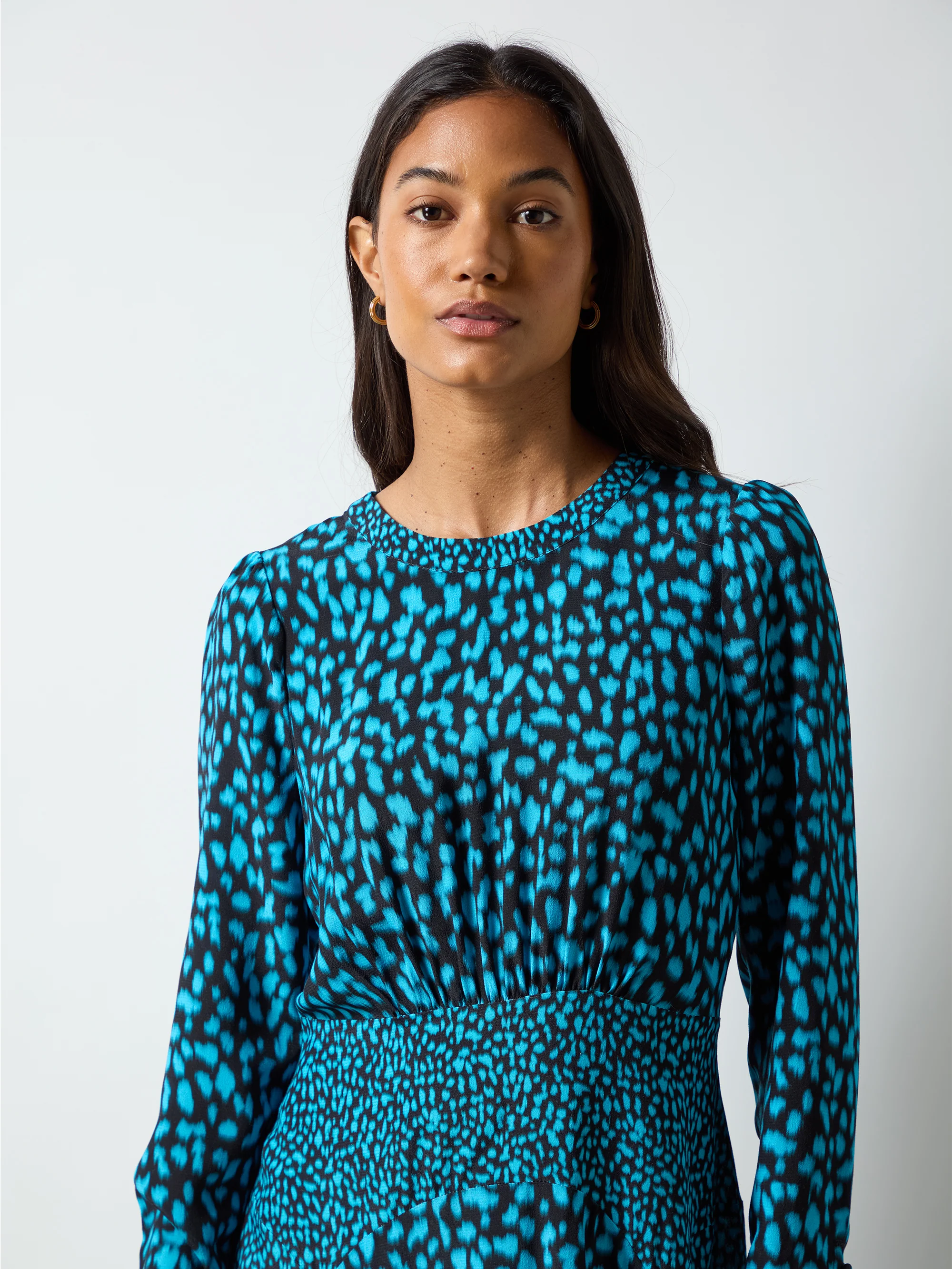 Petite Blue Dash Print Godet Detail Dress