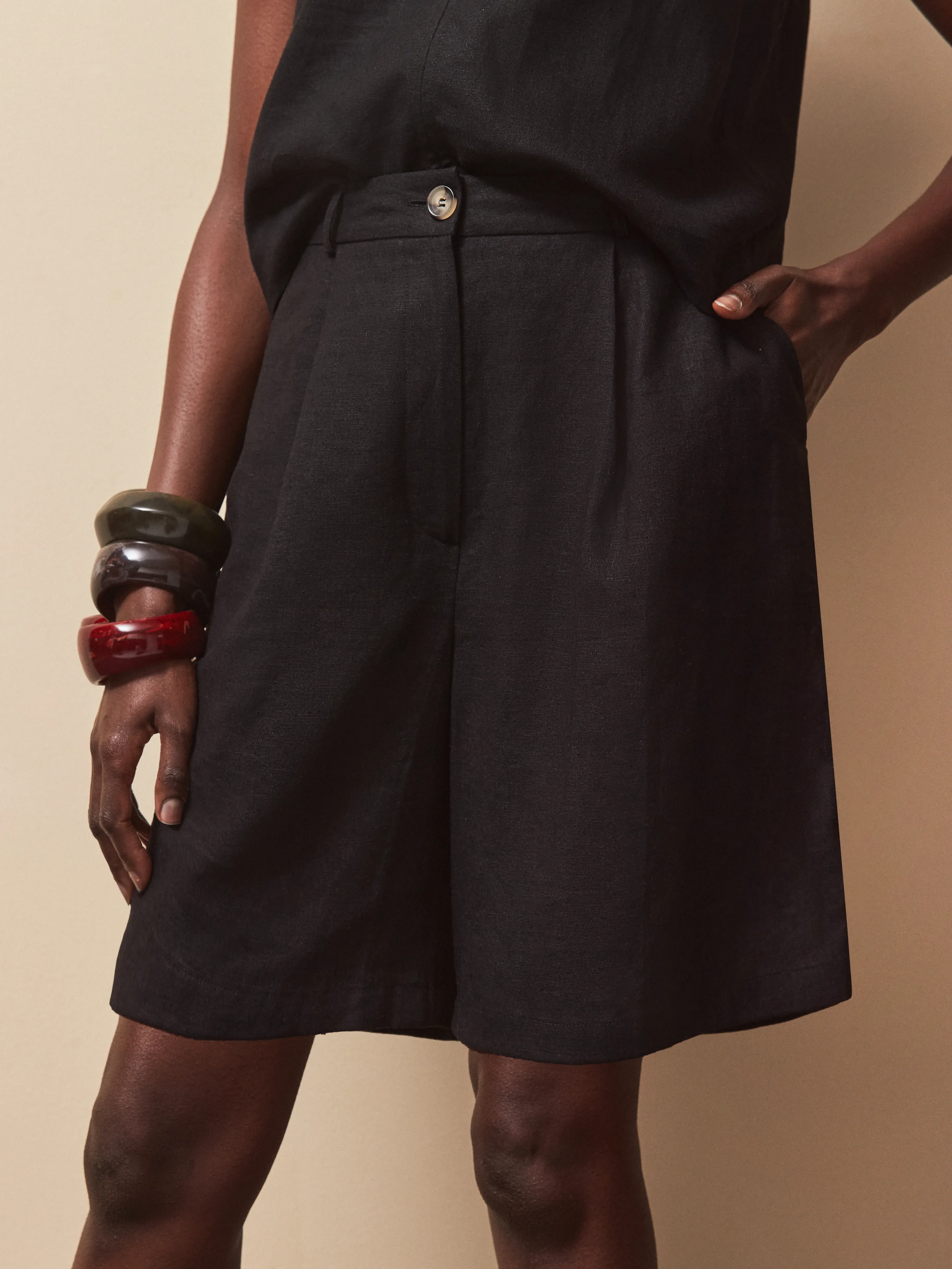 Black Linen Blend Bermuda Shorts