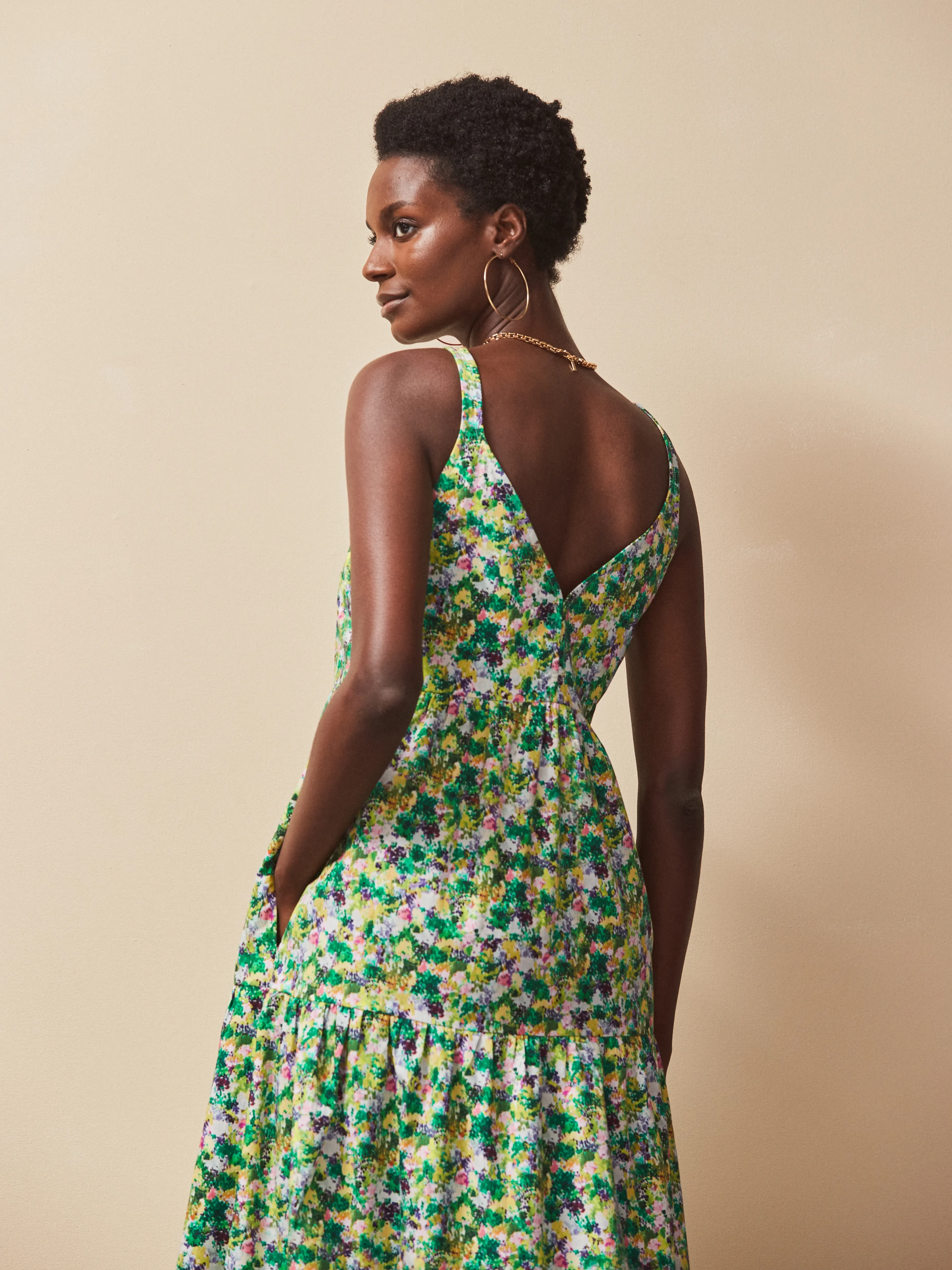 Green Ditsy Cotton Tiered Dress