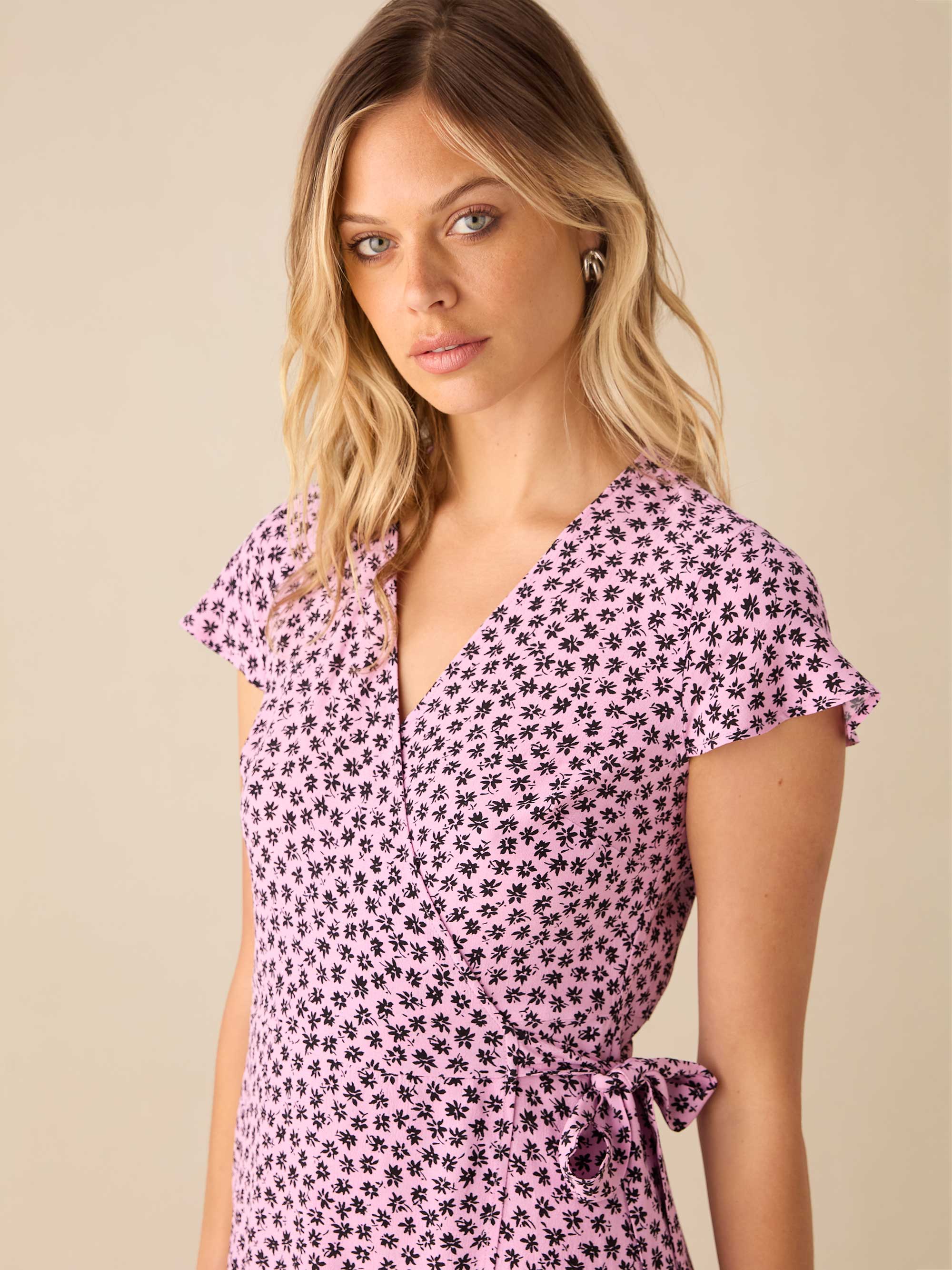 Pink Ditsy Print Wrap Midi Dress