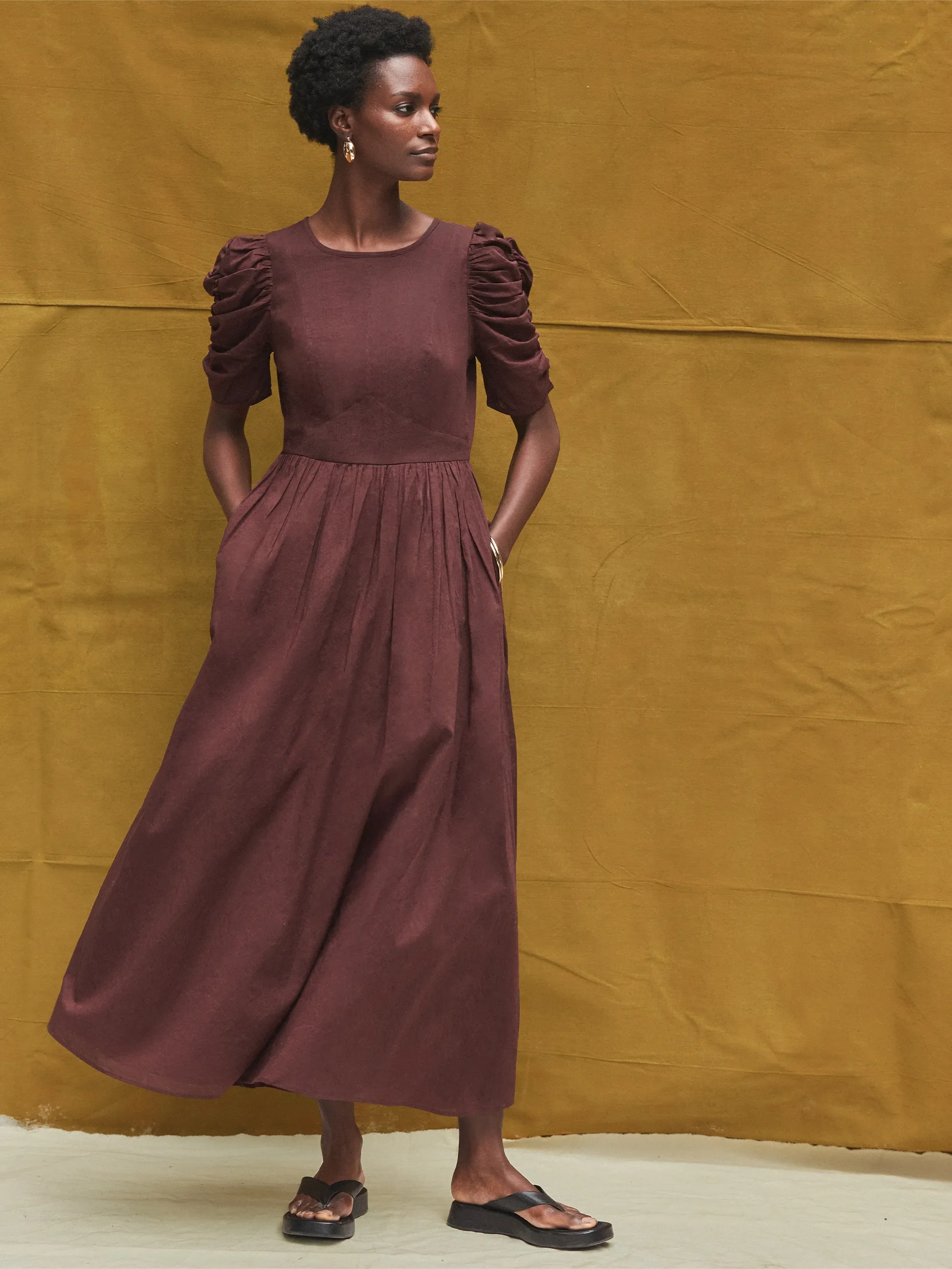 Chocolate Puff-Sleeve Cotton Midi Dress