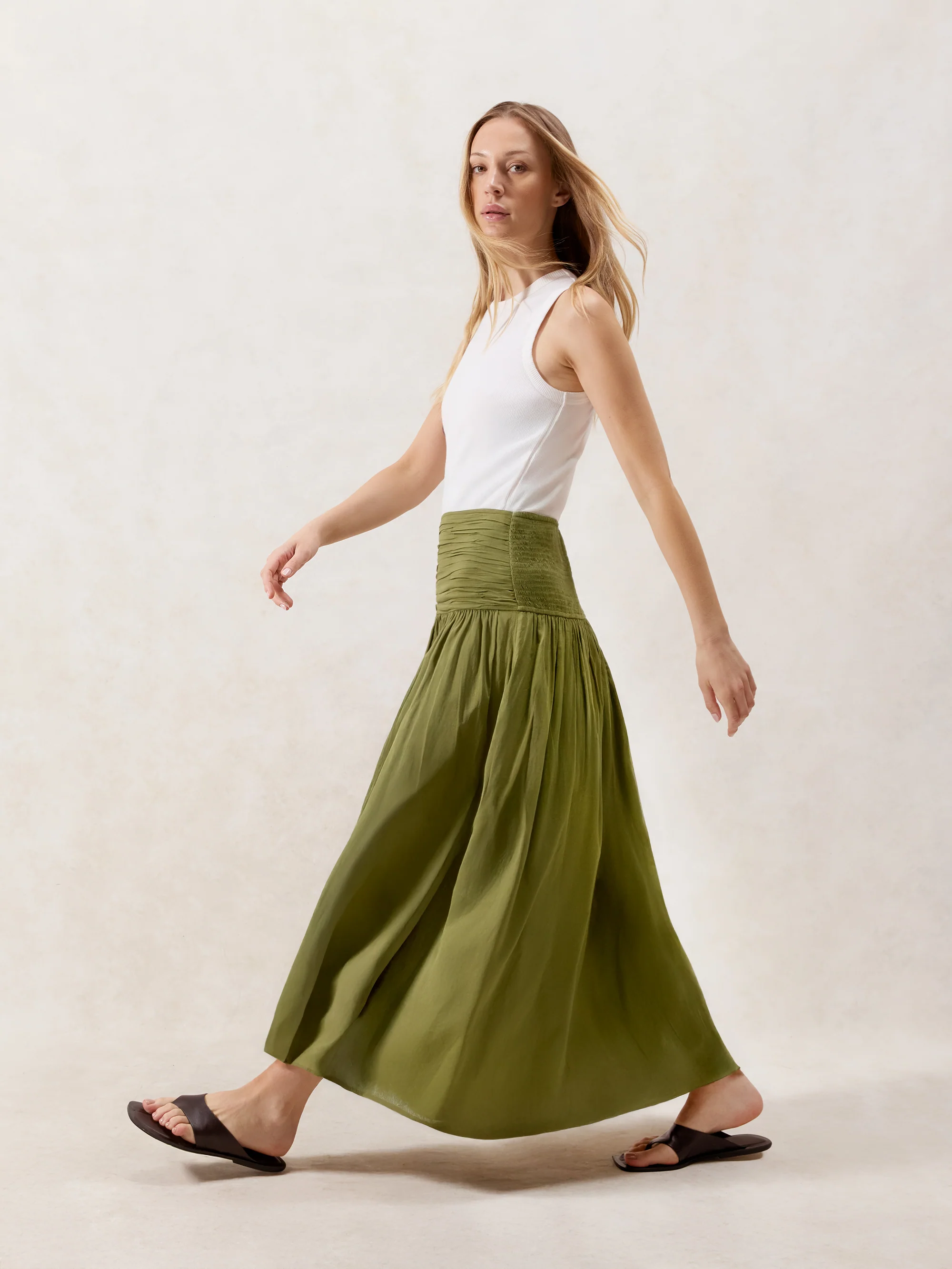 Khaki Ruched-Waist Cotton Maxi Skirt