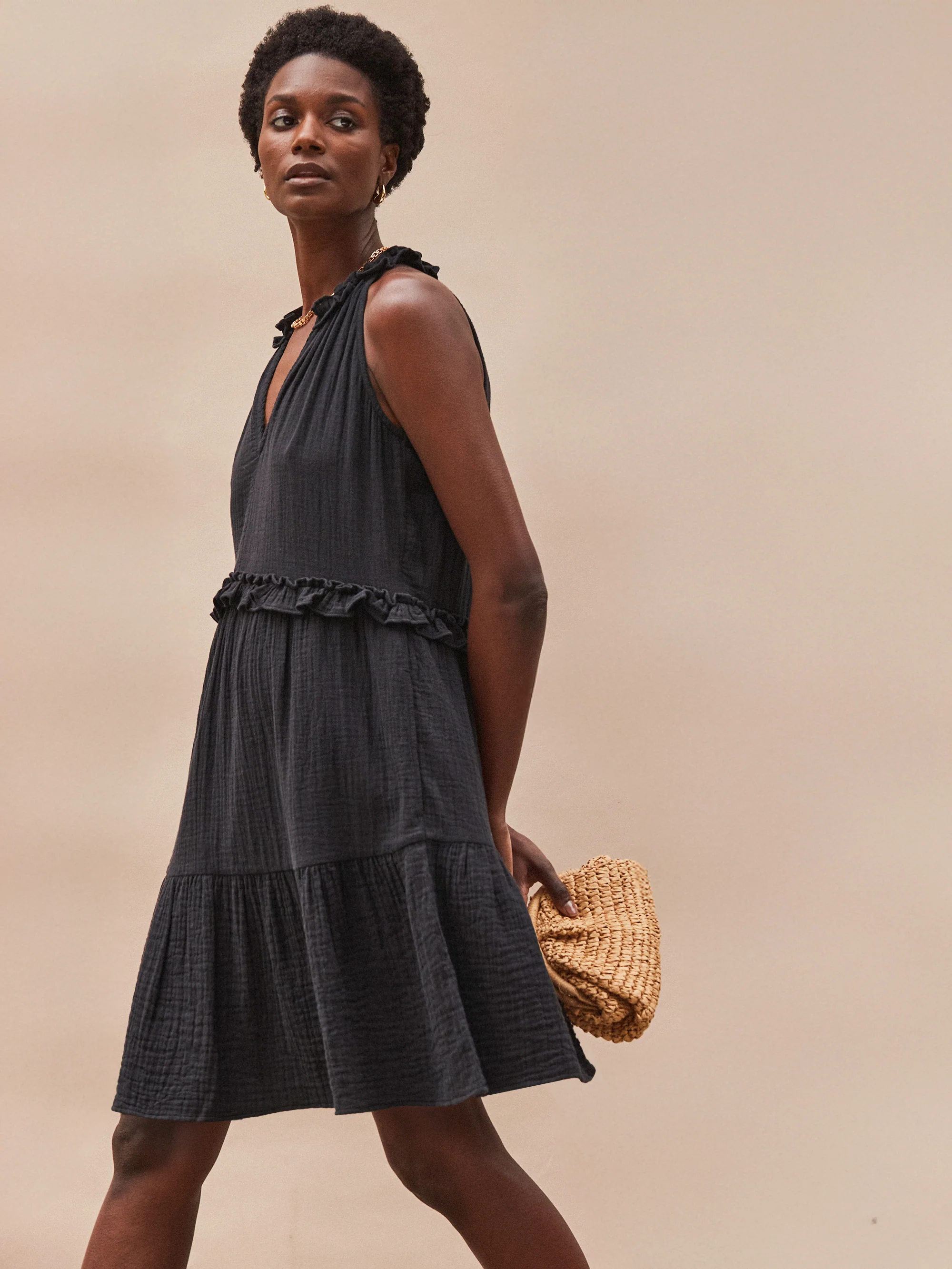 Black Frill-Detail Halterneck Cheesecloth Mini Dress