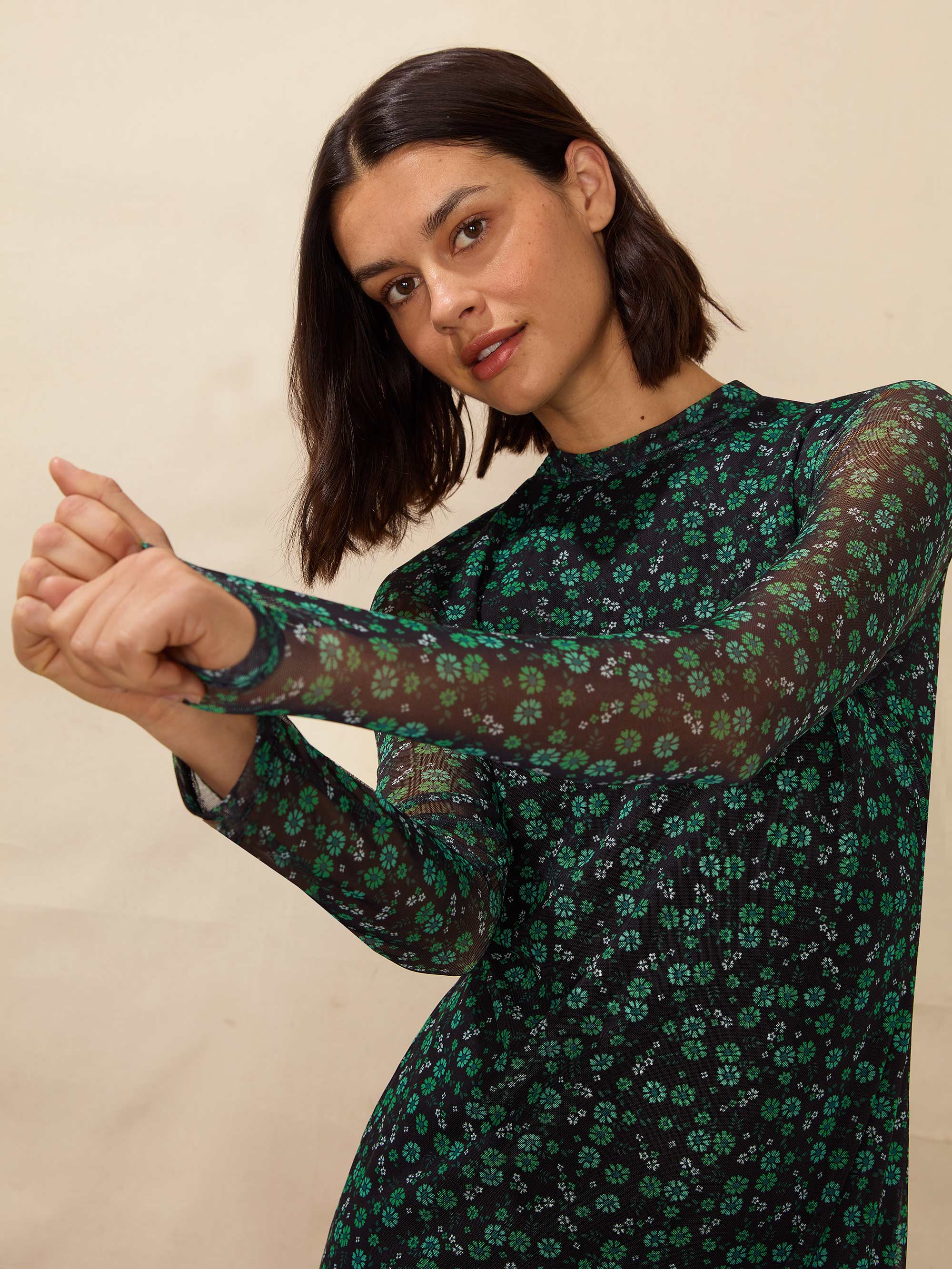 Petite Green Ditsy Print Mesh Dress