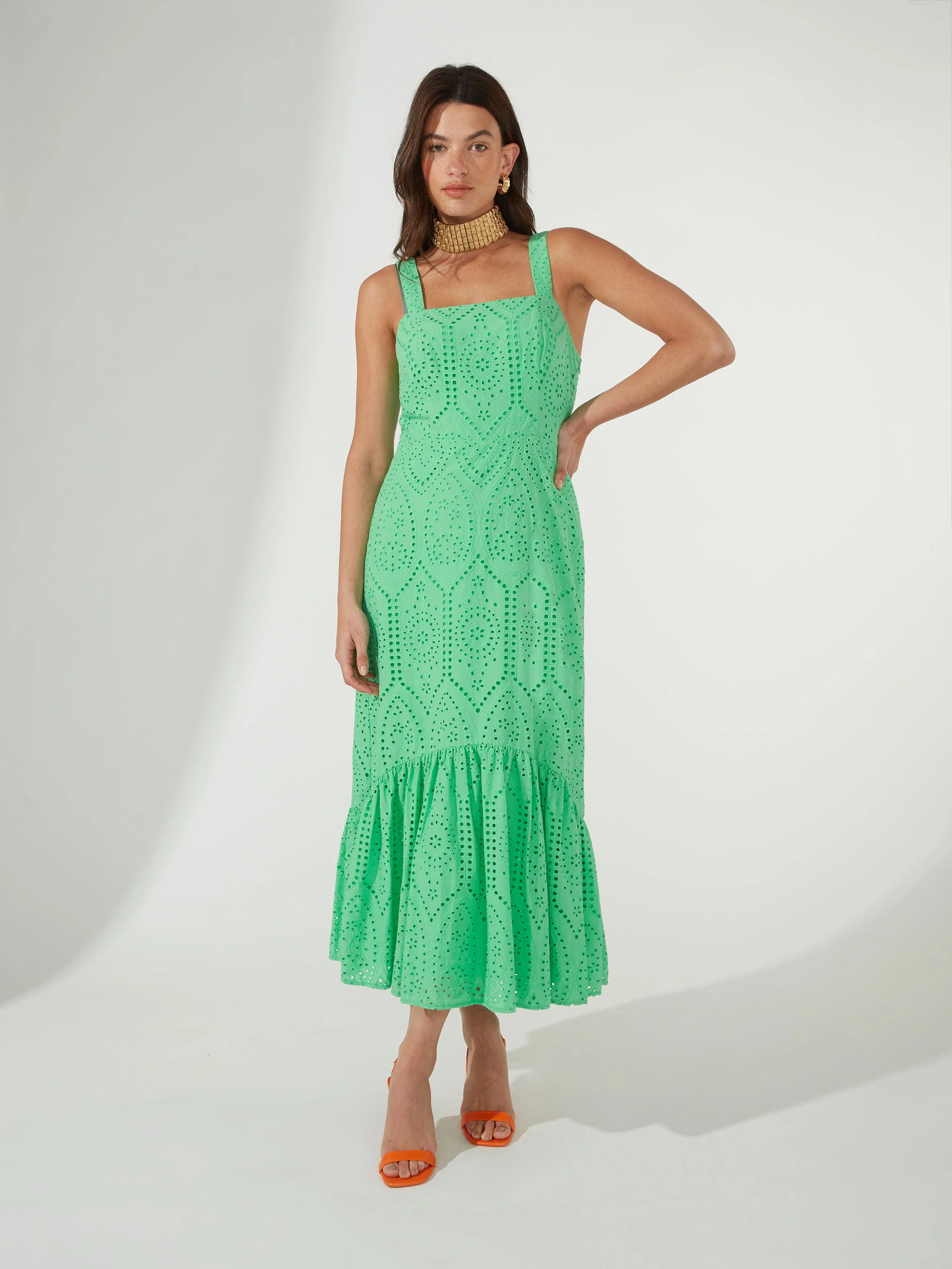 Tiered Hem Strappy Broderie Anglaise Dress