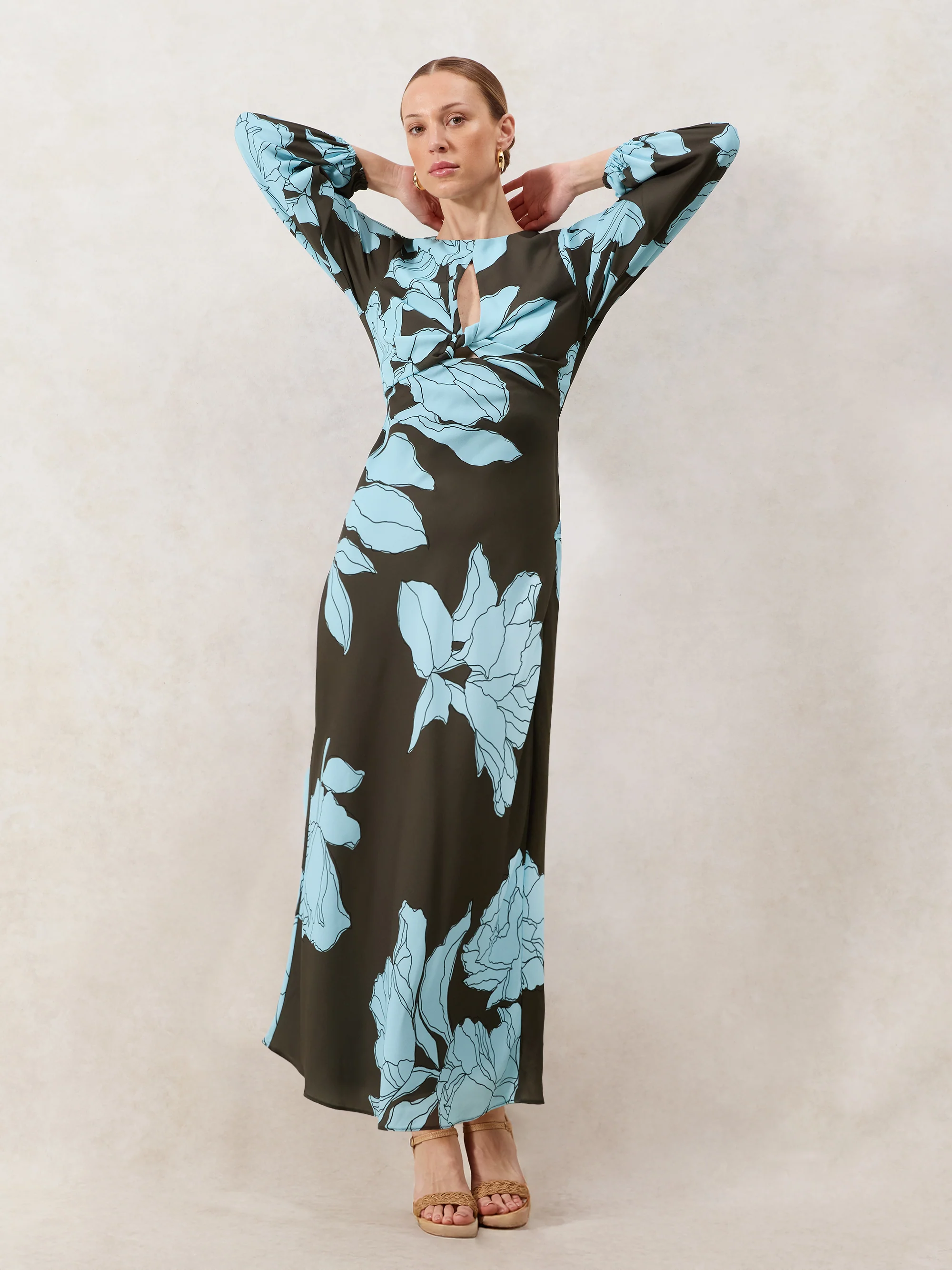 Mae Blue Floral Twist Front Midi Dress