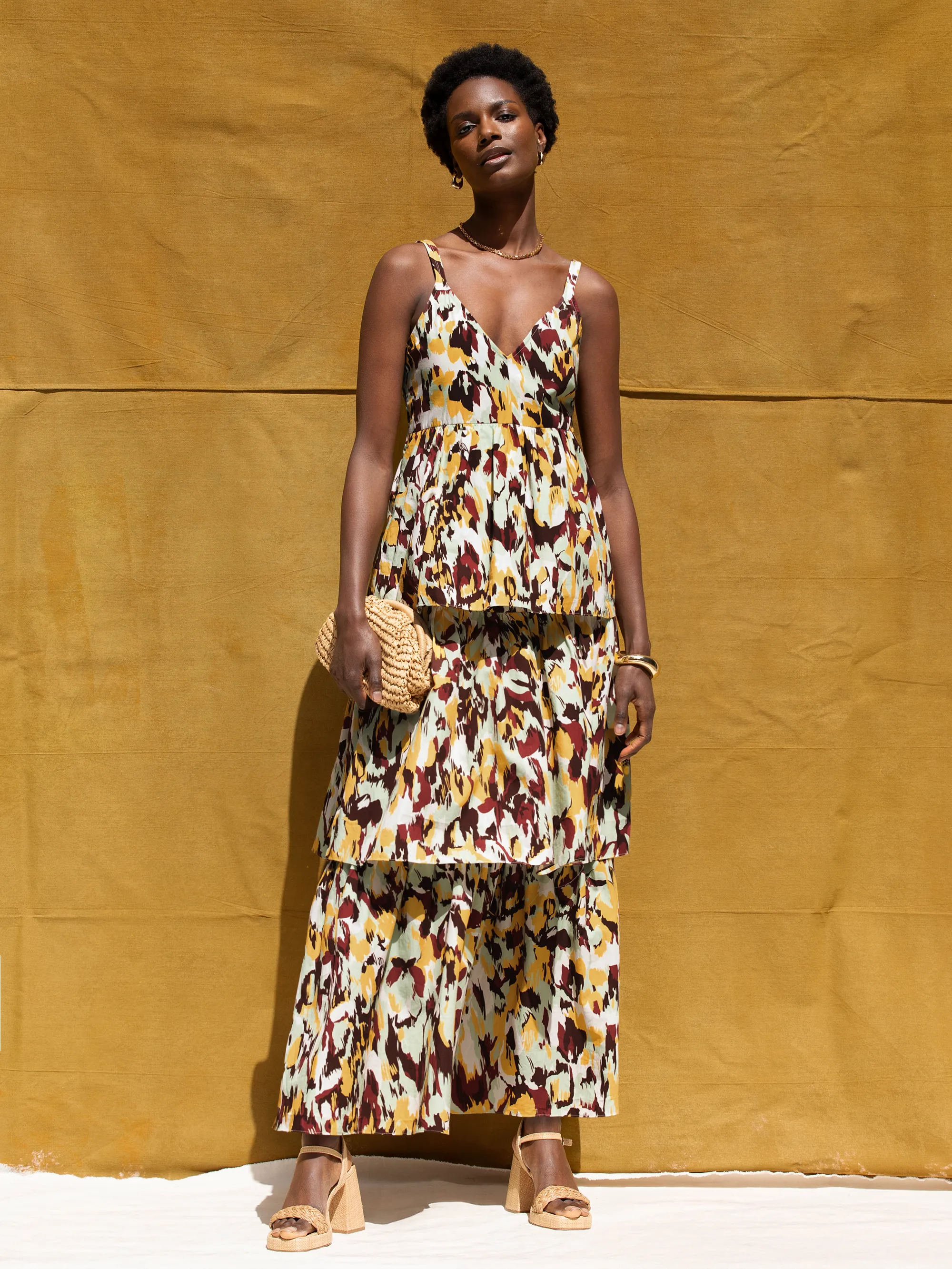 Yellow Confetti Printed Tiered Dress