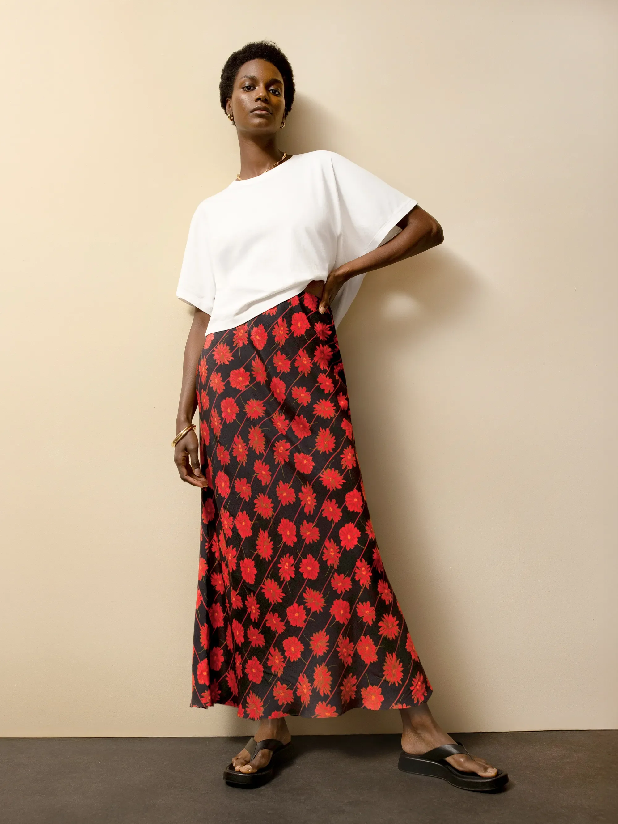 Red Daisy-Print Striped Bias-Cut Skirt