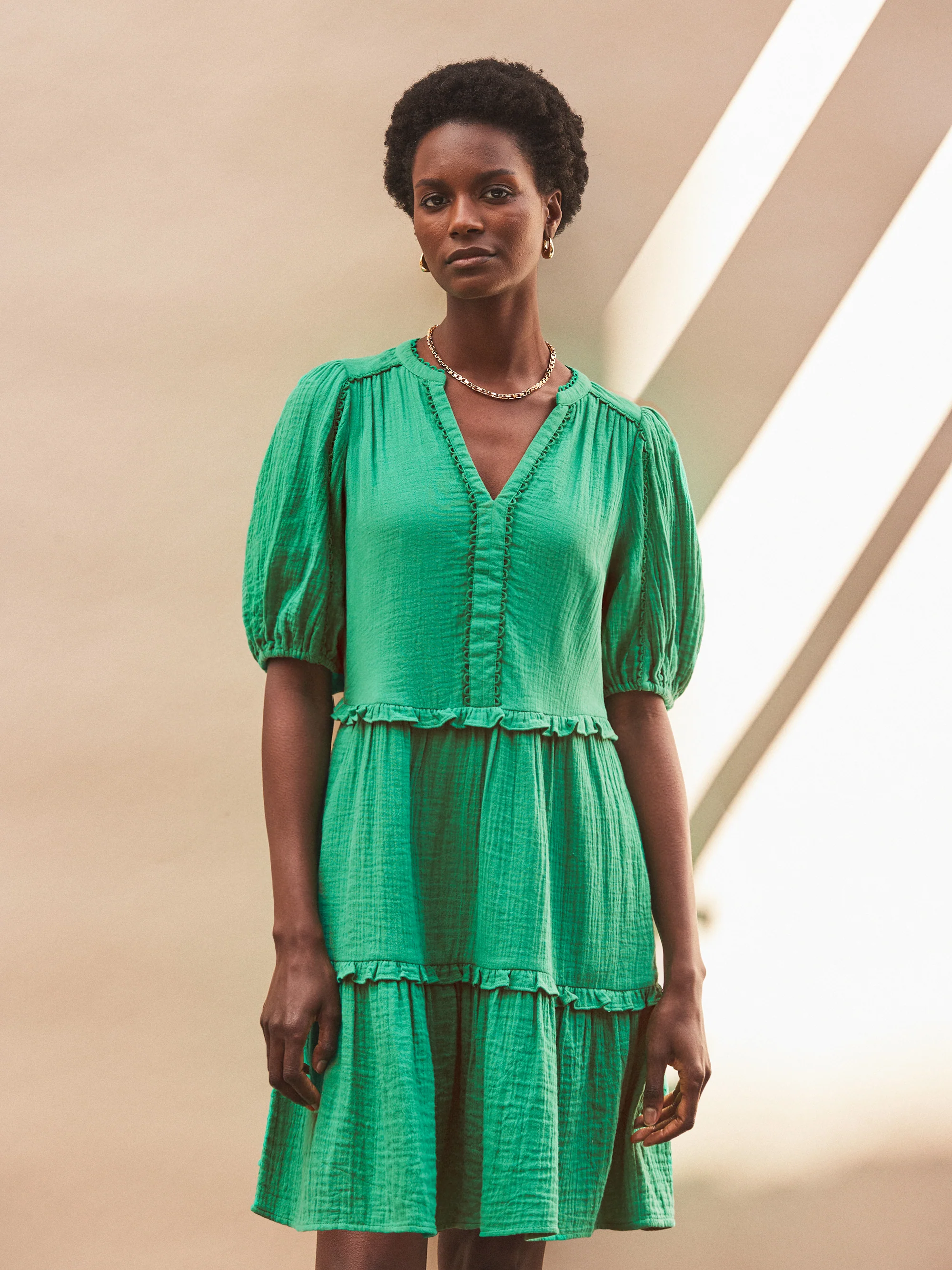 Petite Green Frill-Detail Cheesecloth Mini Dress