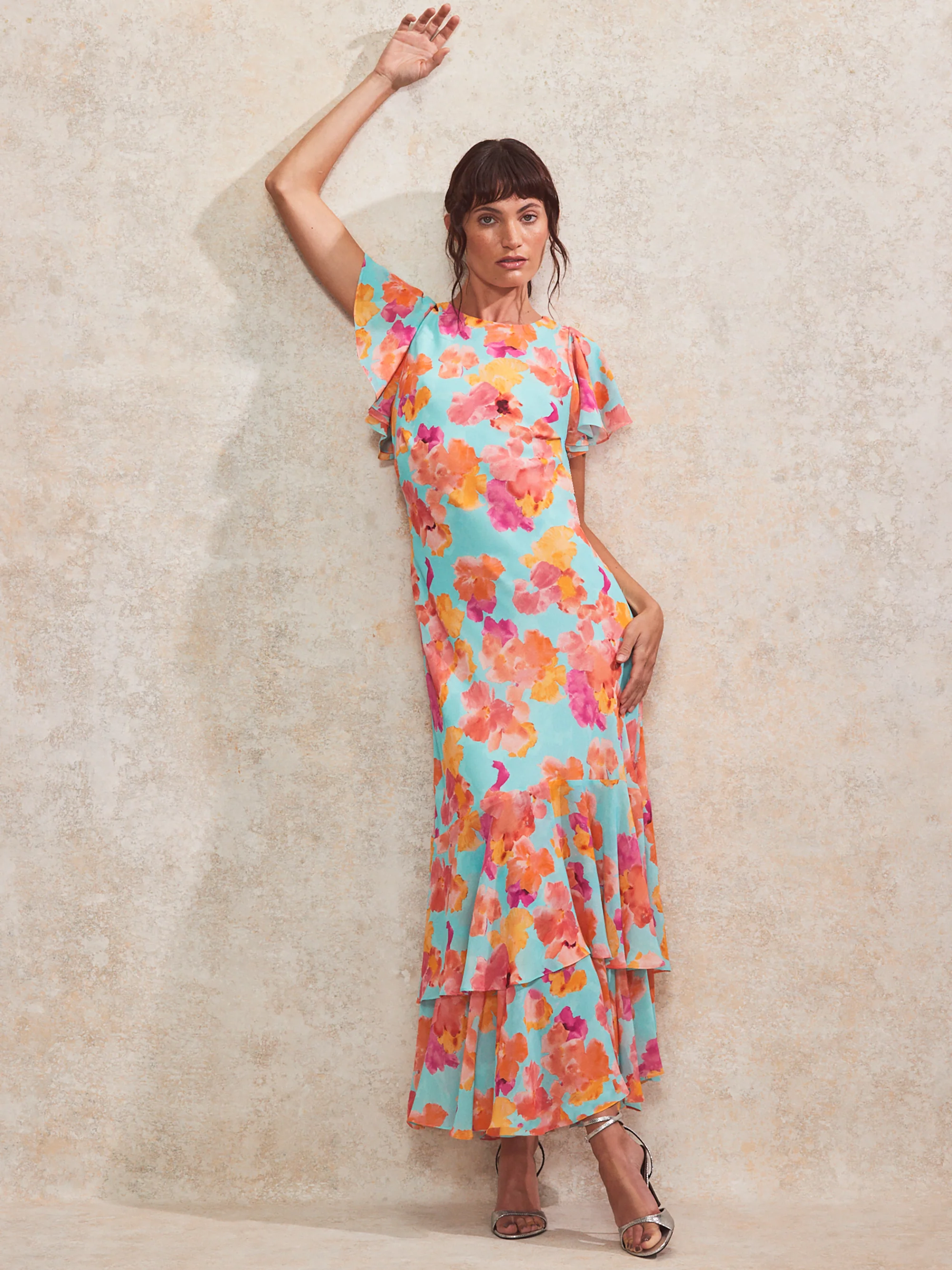 Petite Hazel Blue And Pink Floral-Print Frill-Sleeve Dress