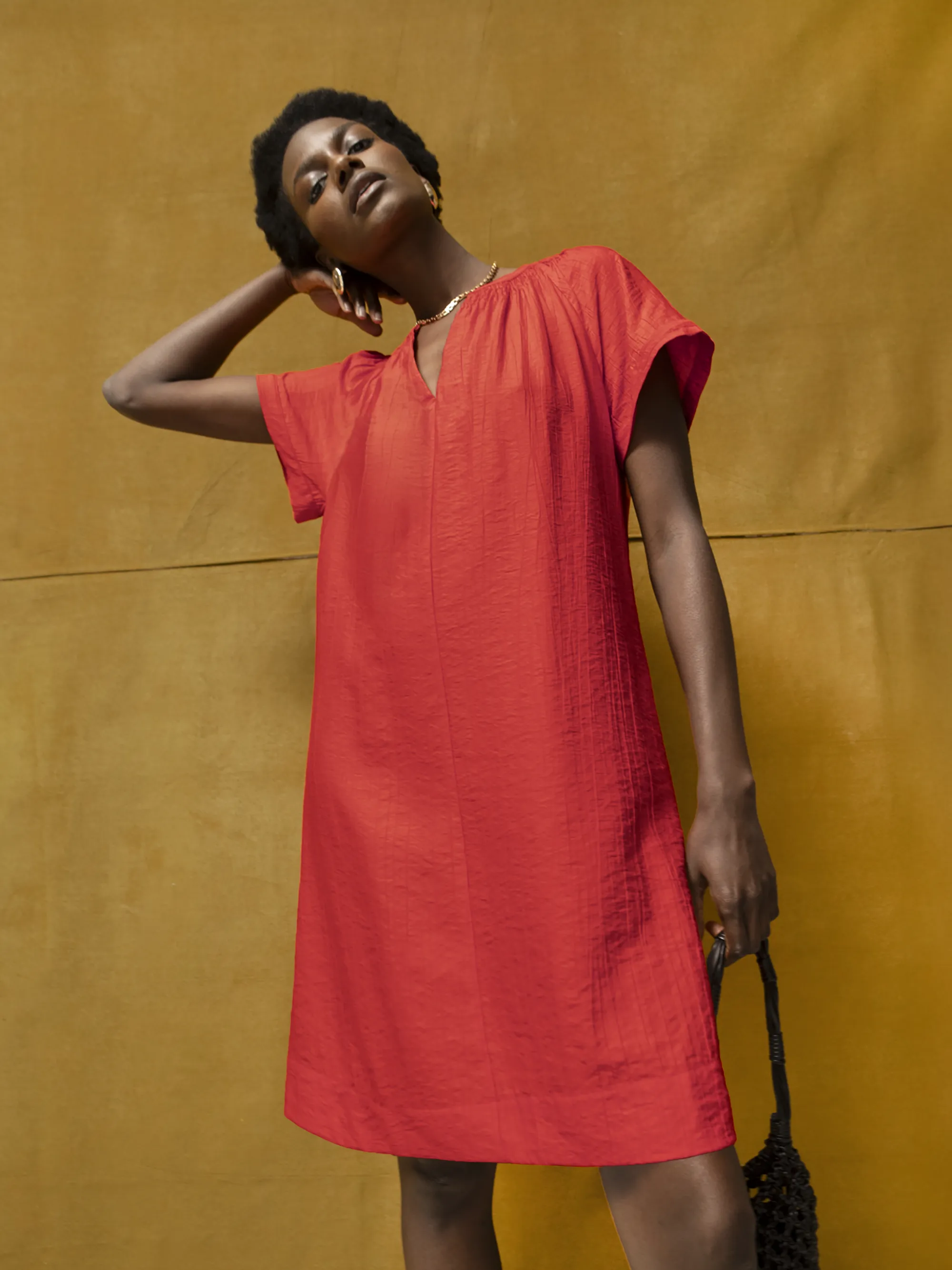 Red Gathered-Detail Short Dress