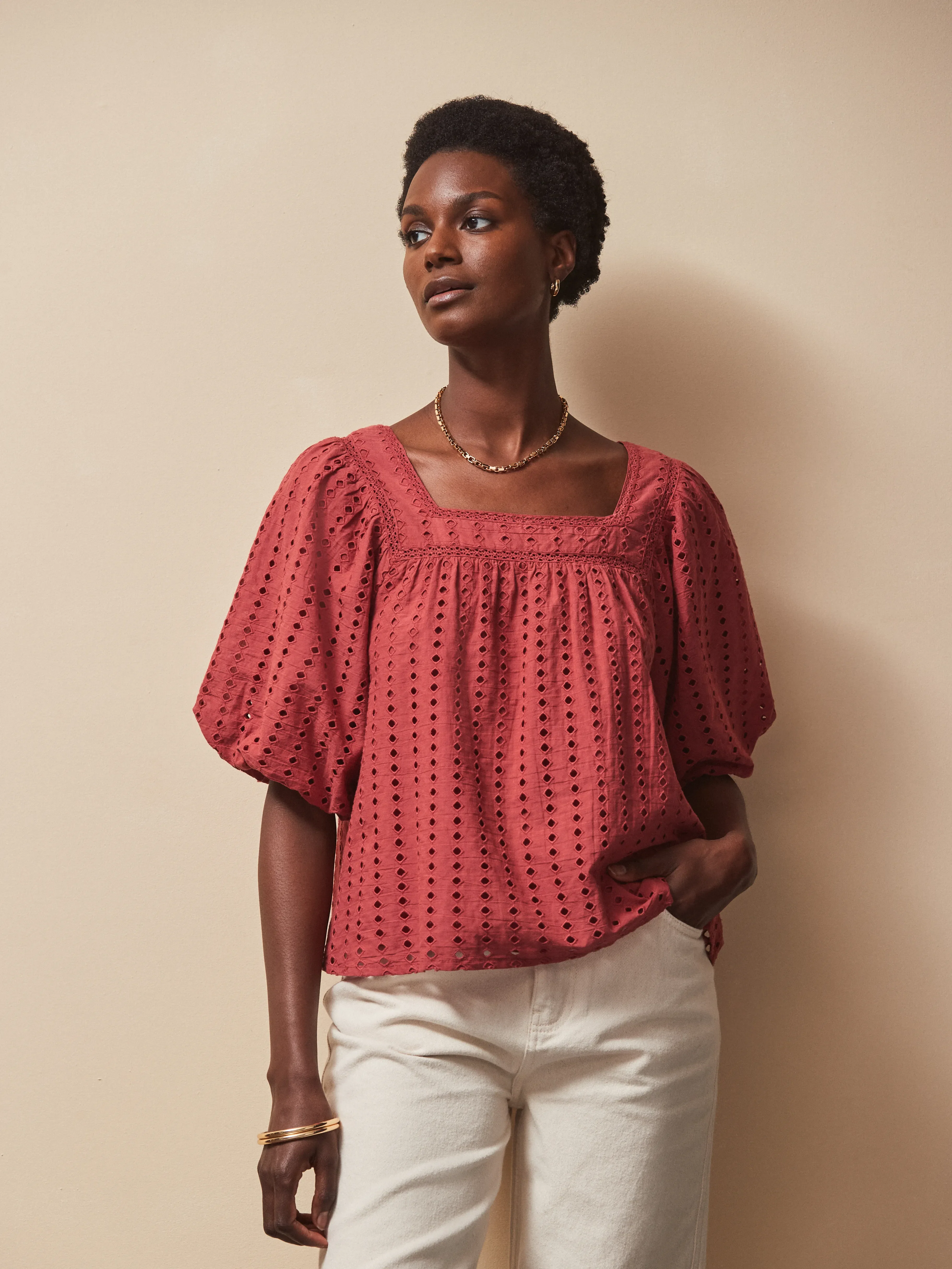 Rust Broderie Anglaise Cotton Smock Top