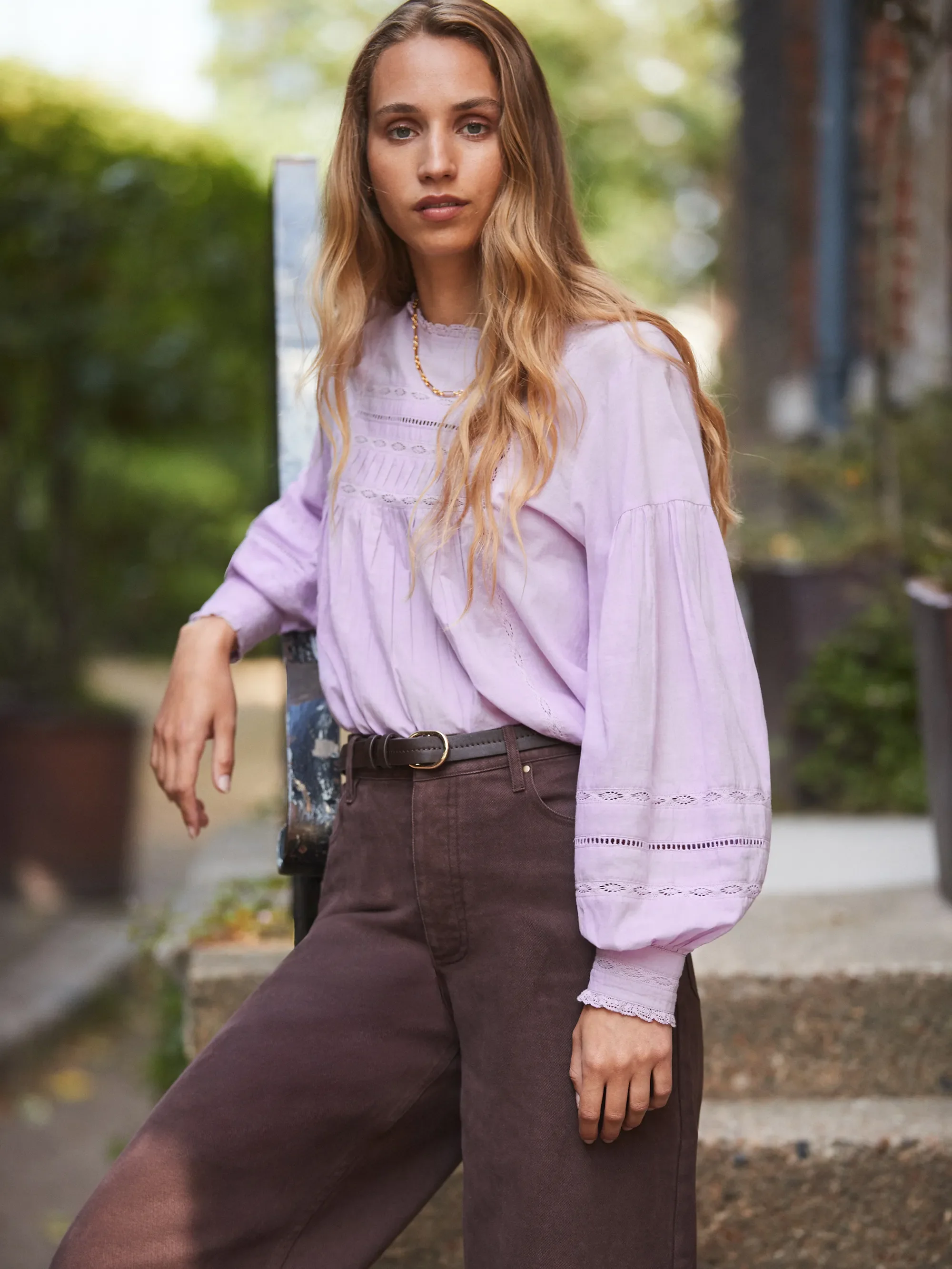 Lilac Crochet-Detail Cotton Blouse